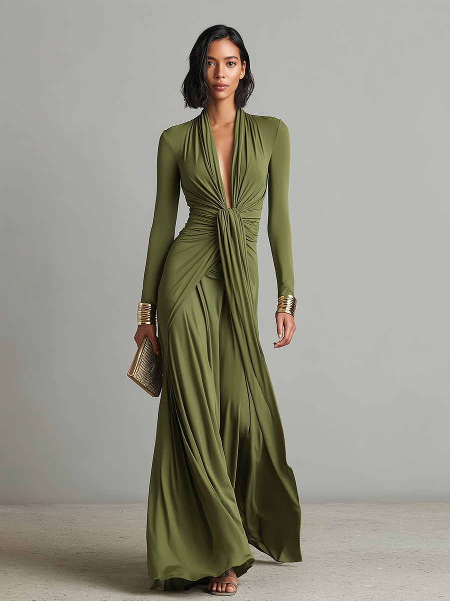 Serena Olive Ruched Satin Maxi Dress