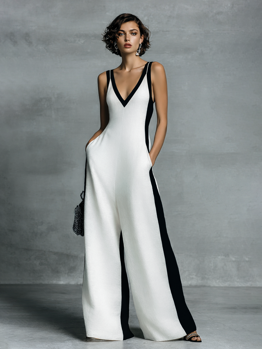 Margot Black and White Linen Blend Jumpsuit