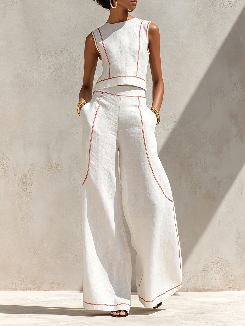 Amélie Contrast-Stitch Linen Blend Set