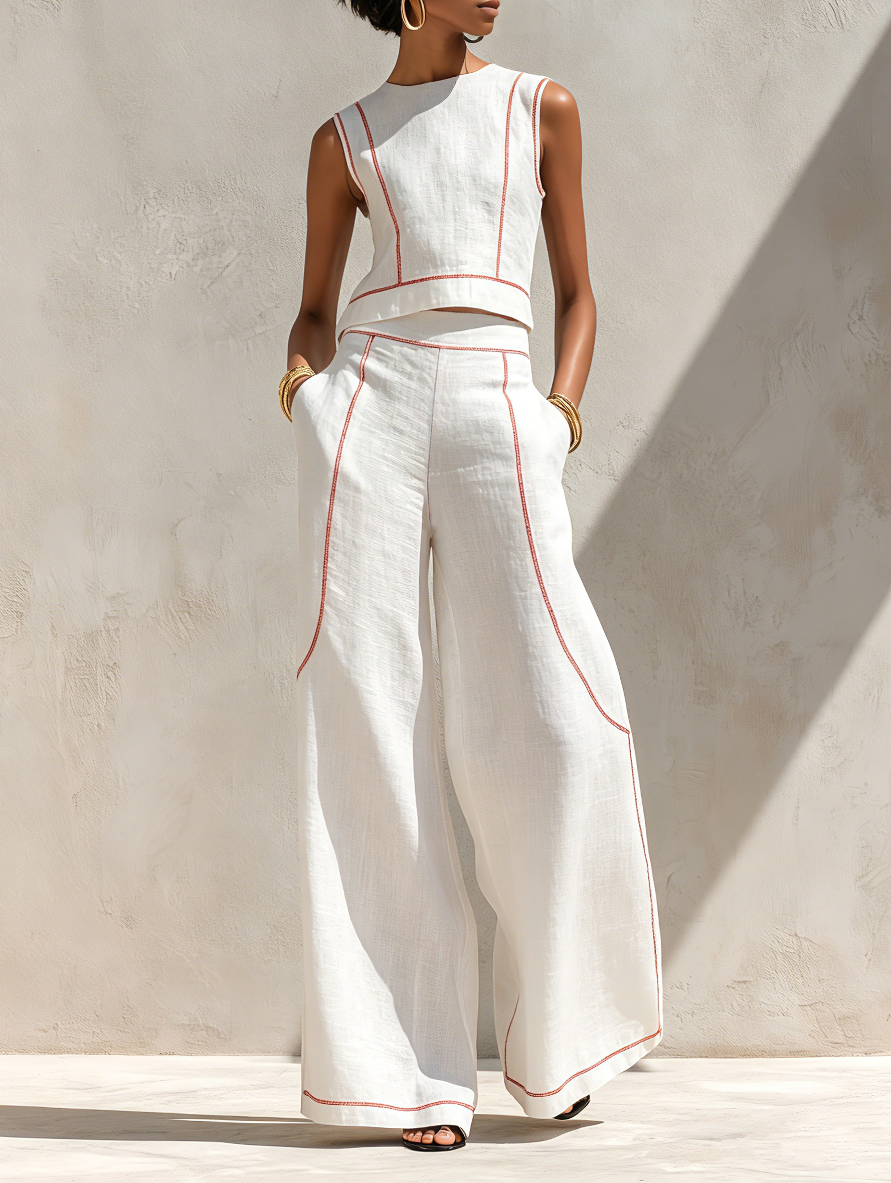 Amélie Contrast-Stitch Linen Blend Set