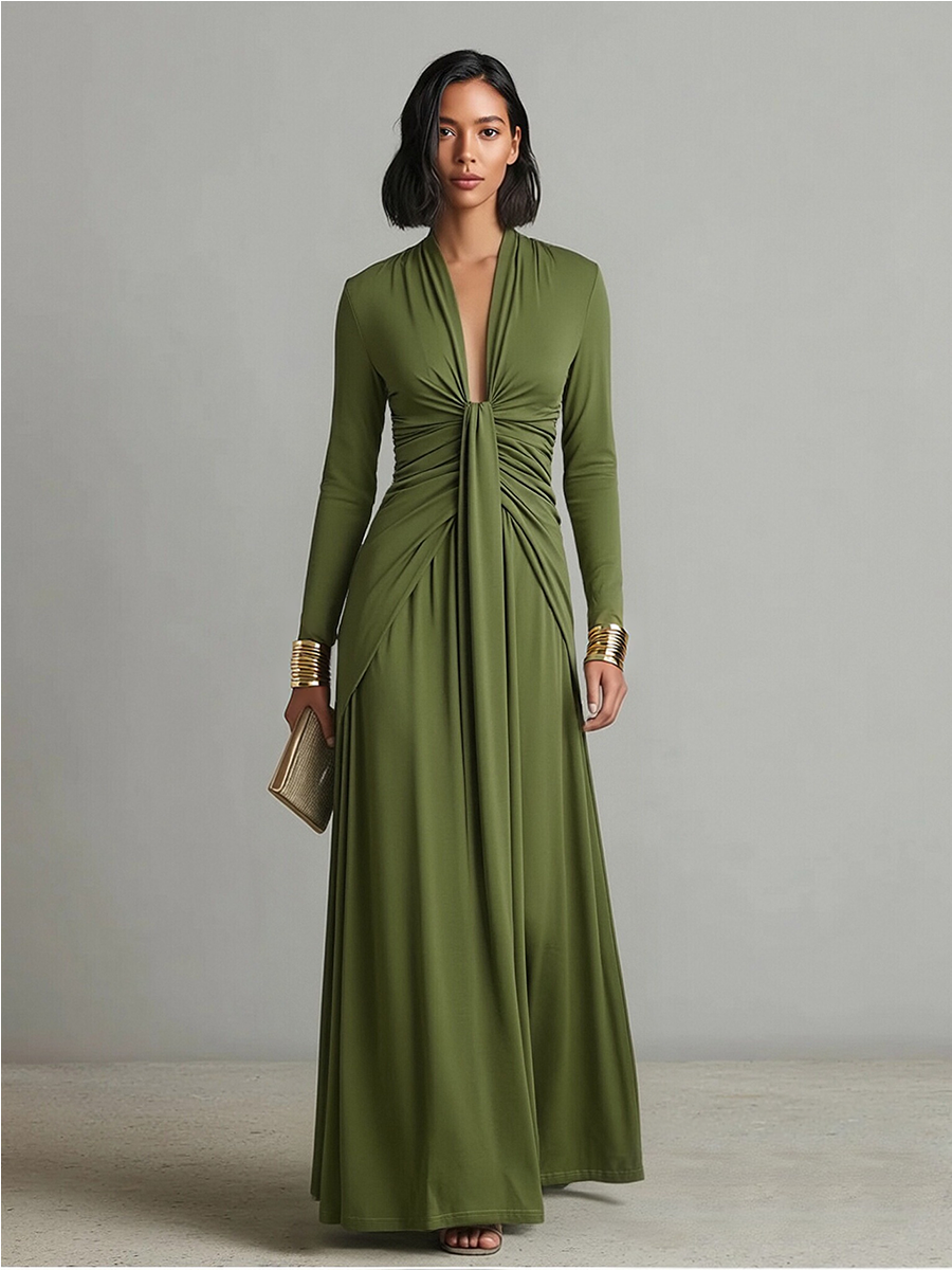 Serena Olive Ruched Satin Maxi Dress