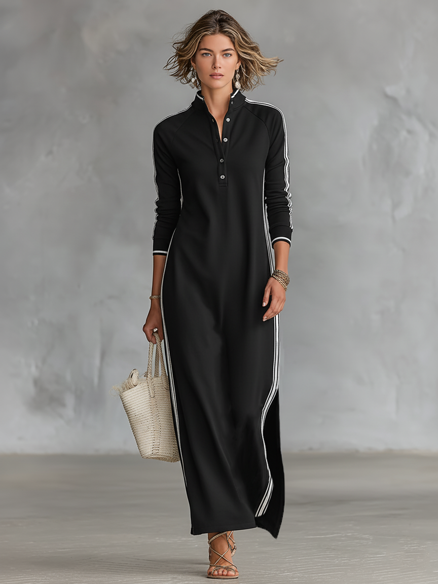 Lena Button-Collar Maxi Dress