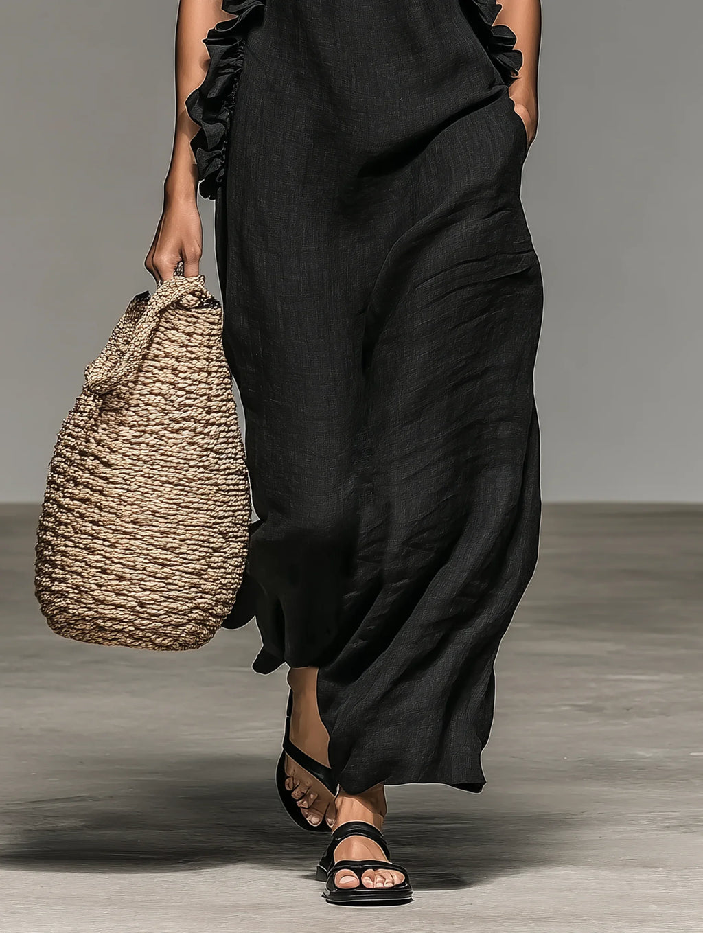 Mira Linen Ruffle Maxi Dress