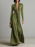 Serena Olive Ruched Satin Maxi Dress