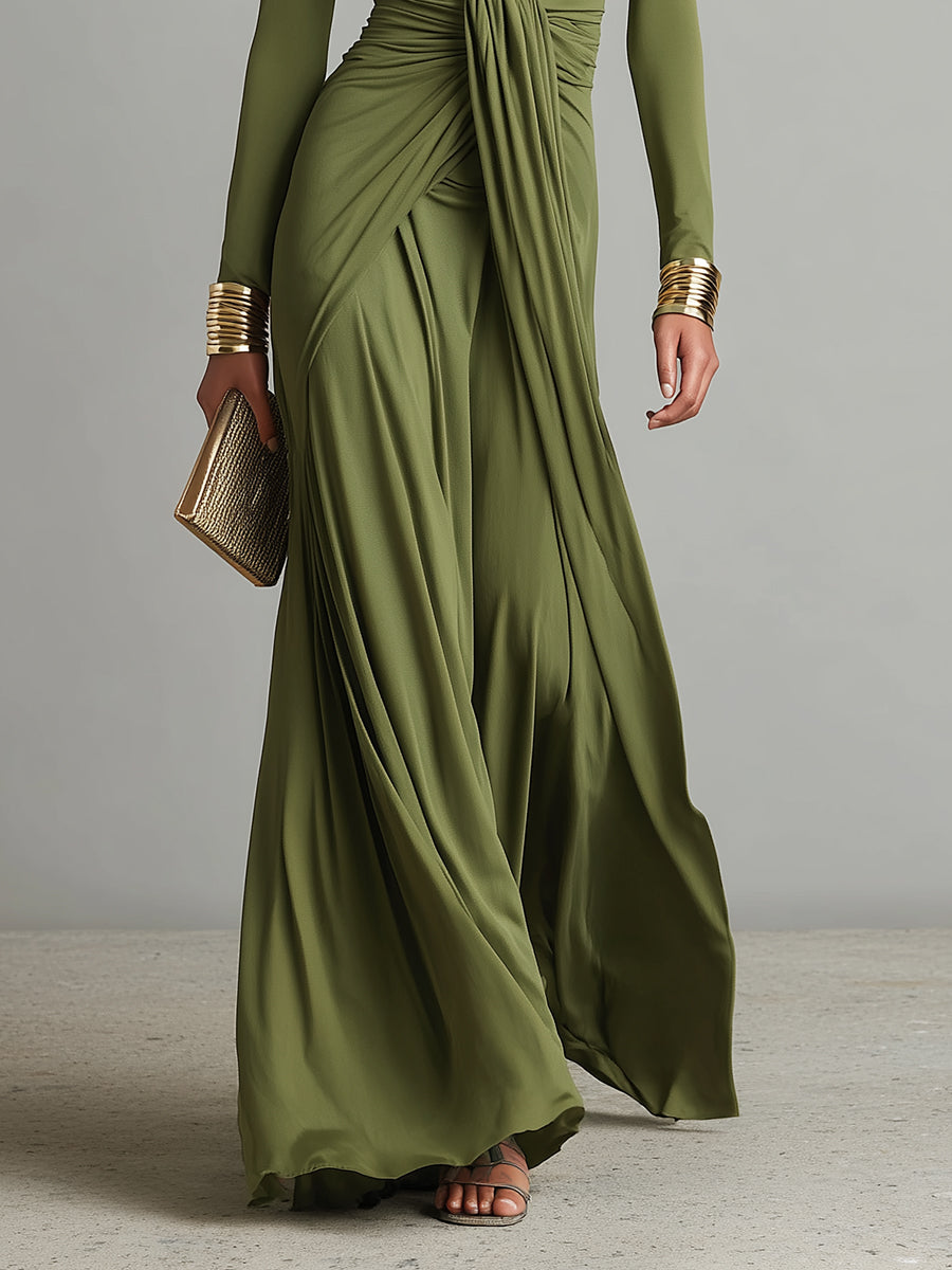 Serena Olive Ruched Satin Maxi Dress