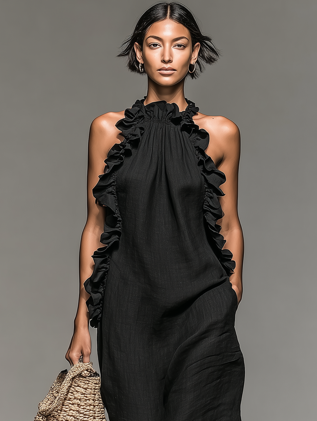 Mira Linen Ruffle Maxi Dress