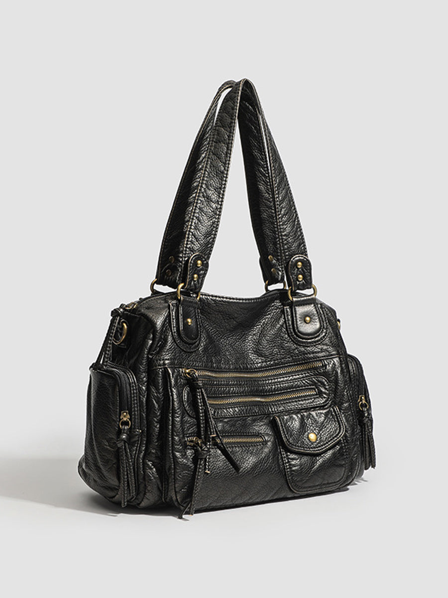 Noir Distressed Multi-Pocket Handbag