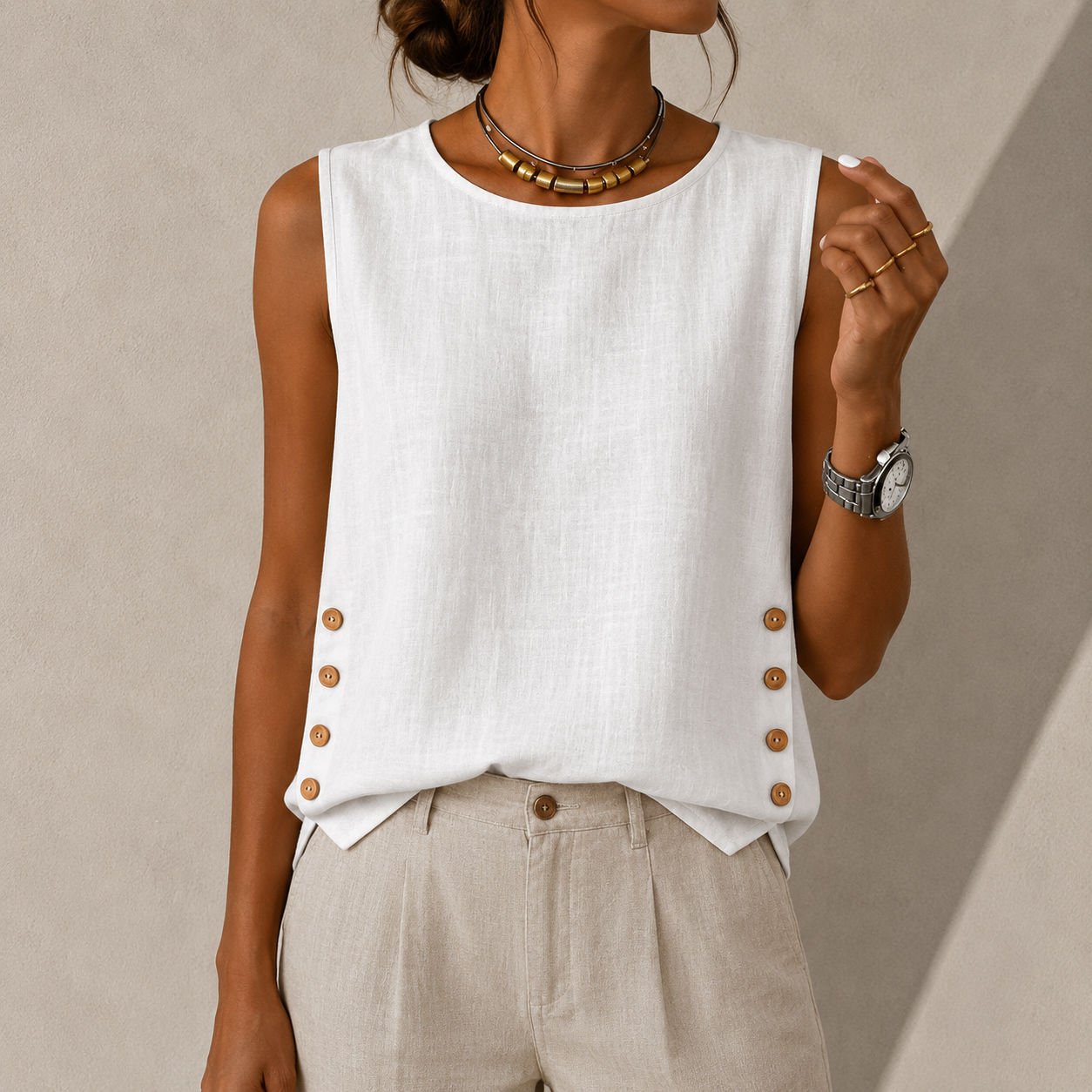 Avery Linen Blend Button Detail Top