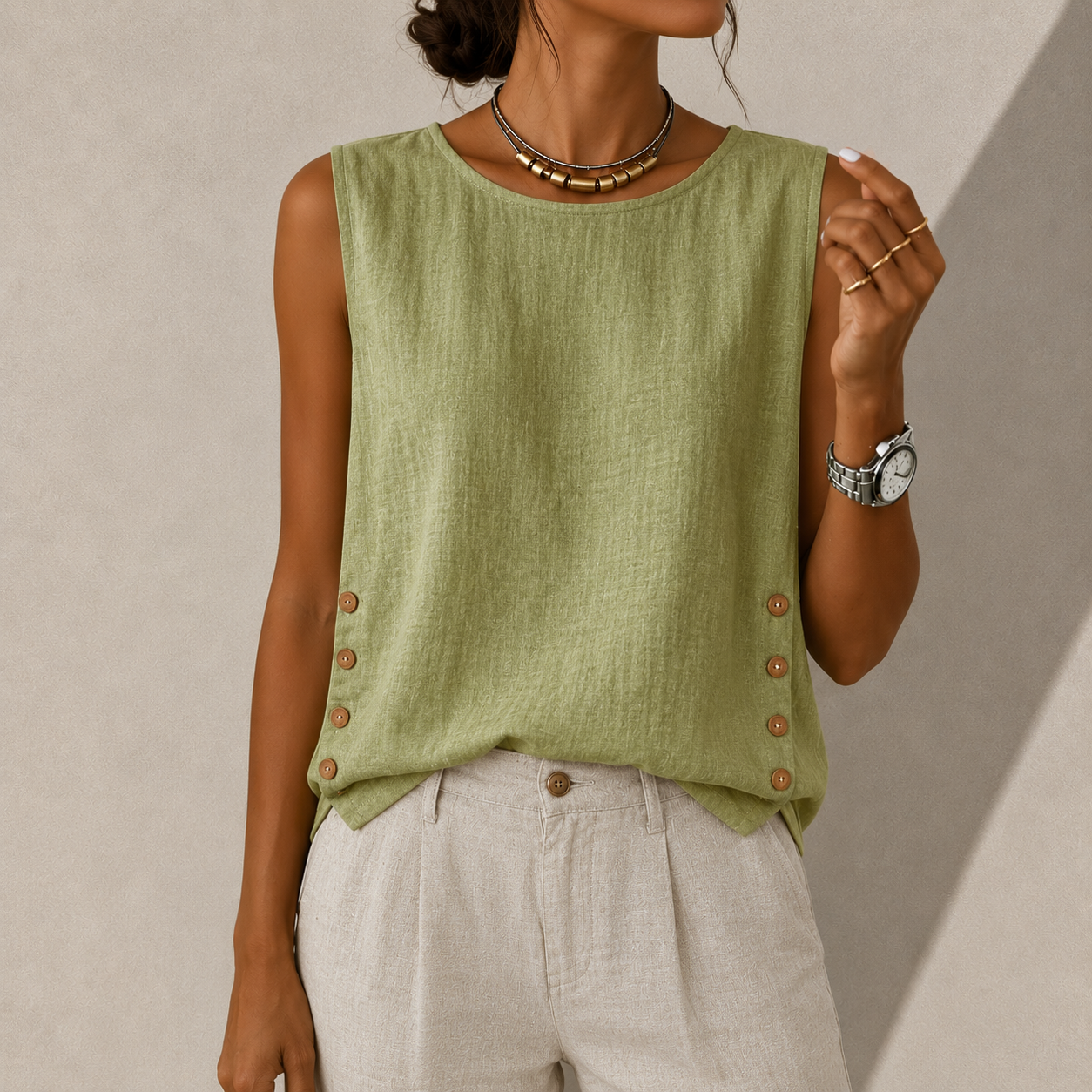 Avery Linen Blend Button Detail Top