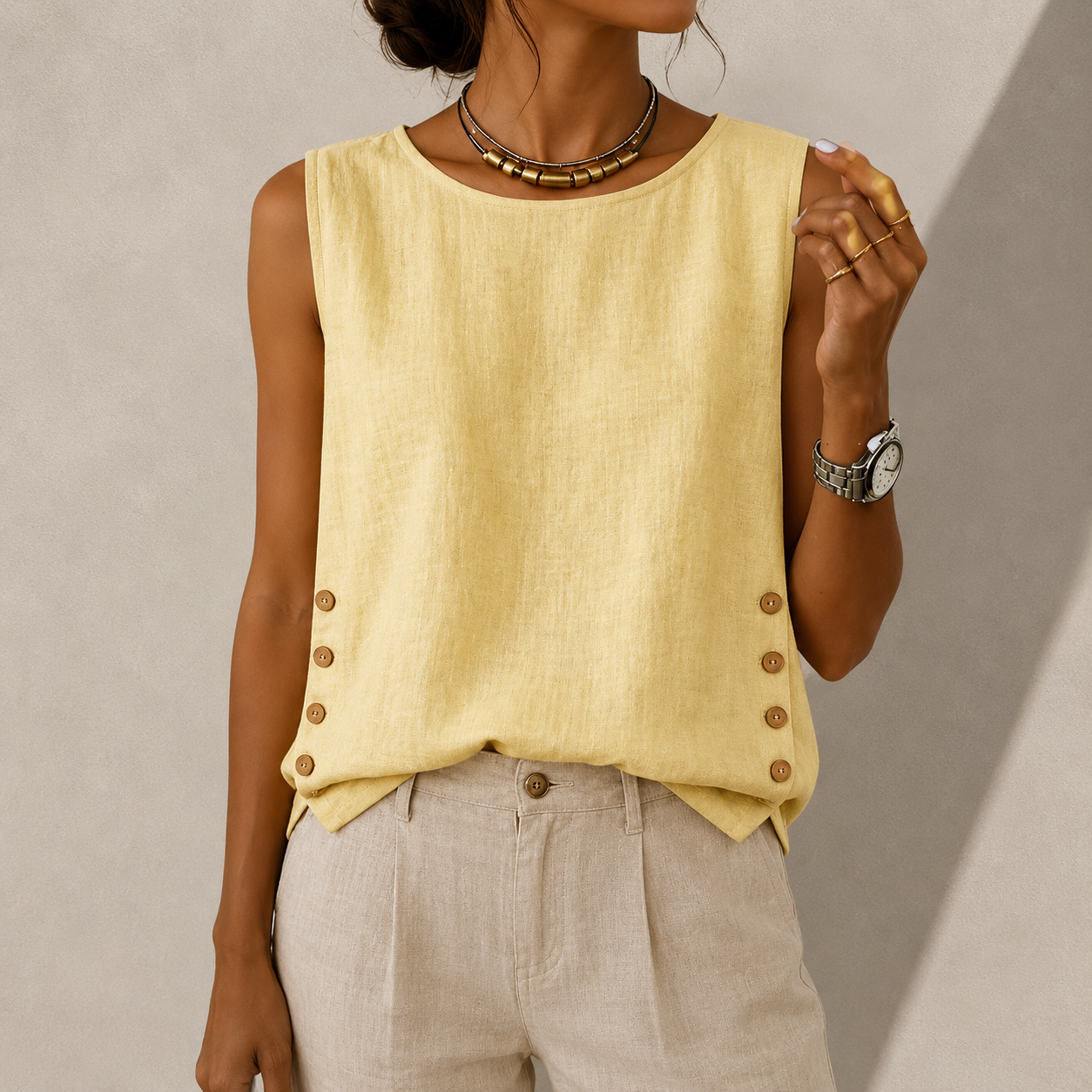 Avery Linen Blend Button Detail Top