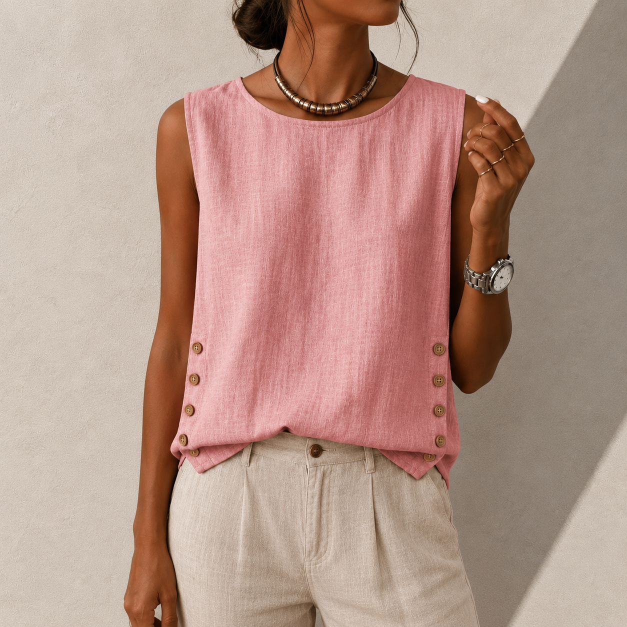 Avery Linen Blend Button Detail Top
