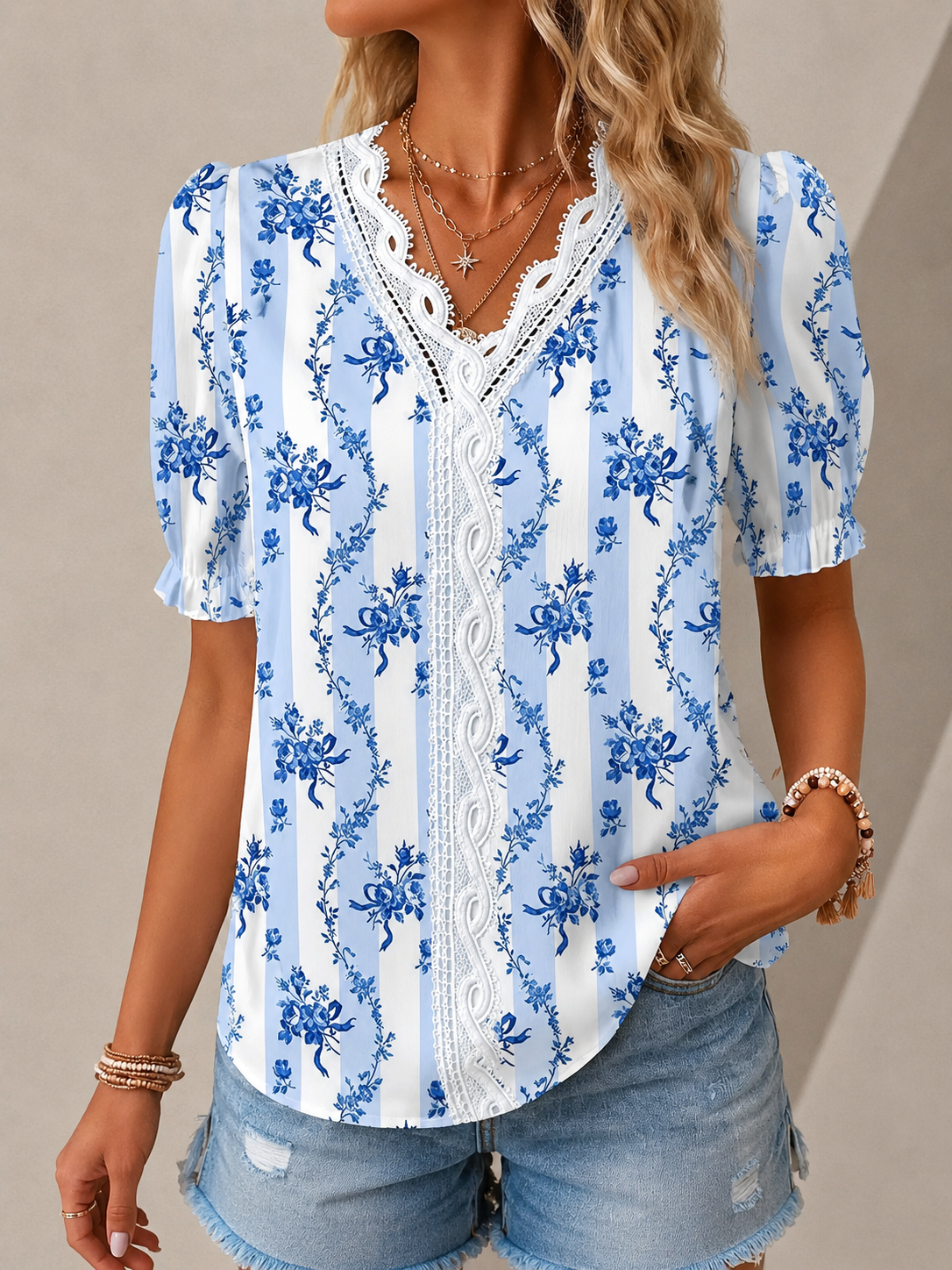 Aurélie Jacquard V-Neck Blouse