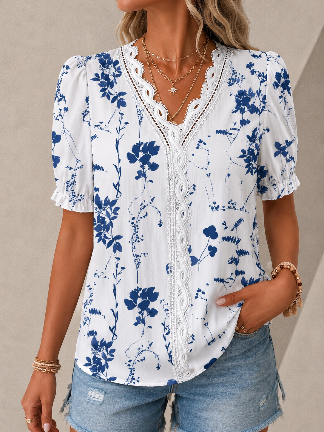 Aurélie Jacquard V-Neck Blouse