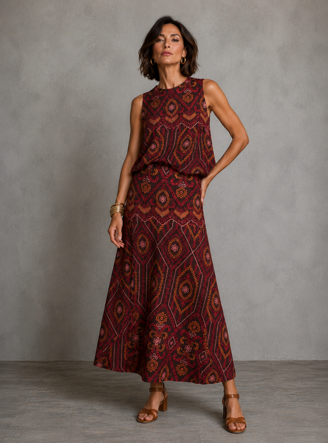 Aria Two-Piece Set in wine red with embroidered top and maxi skirt