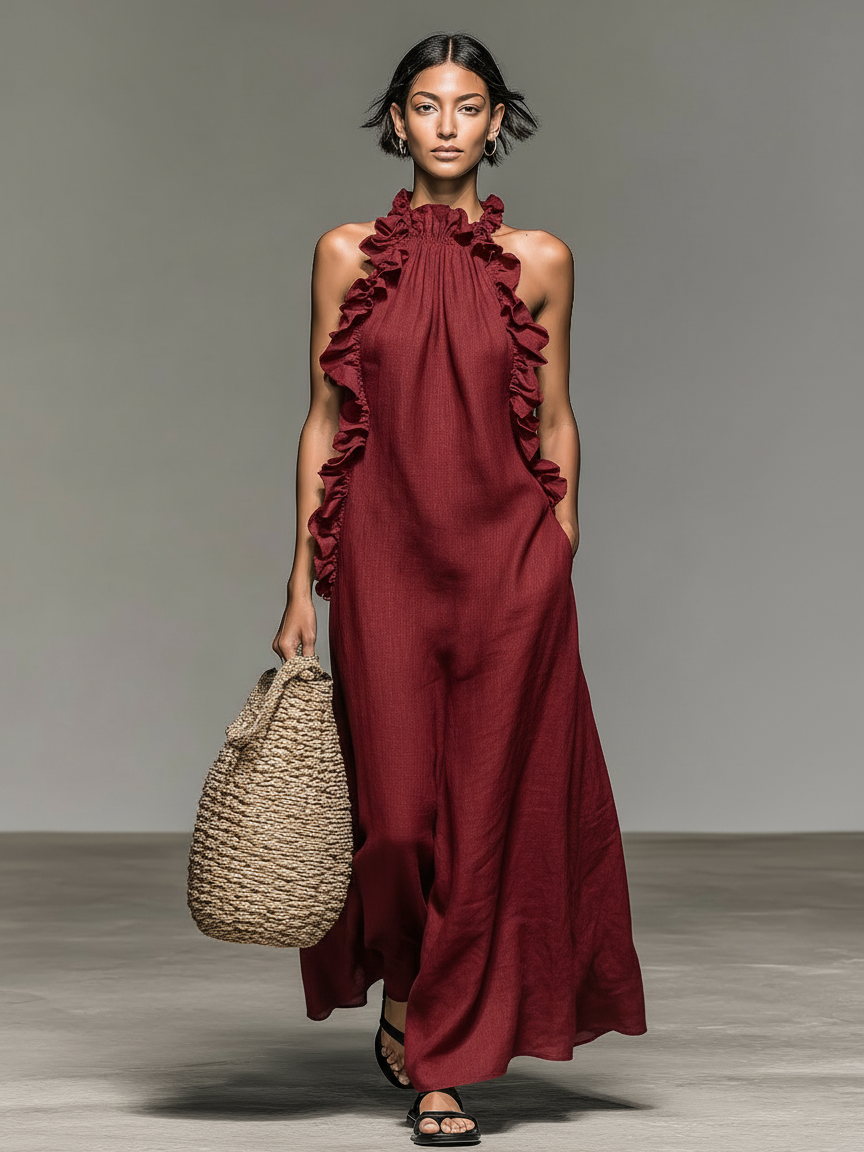 Mira Linen Ruffle Maxi Dress