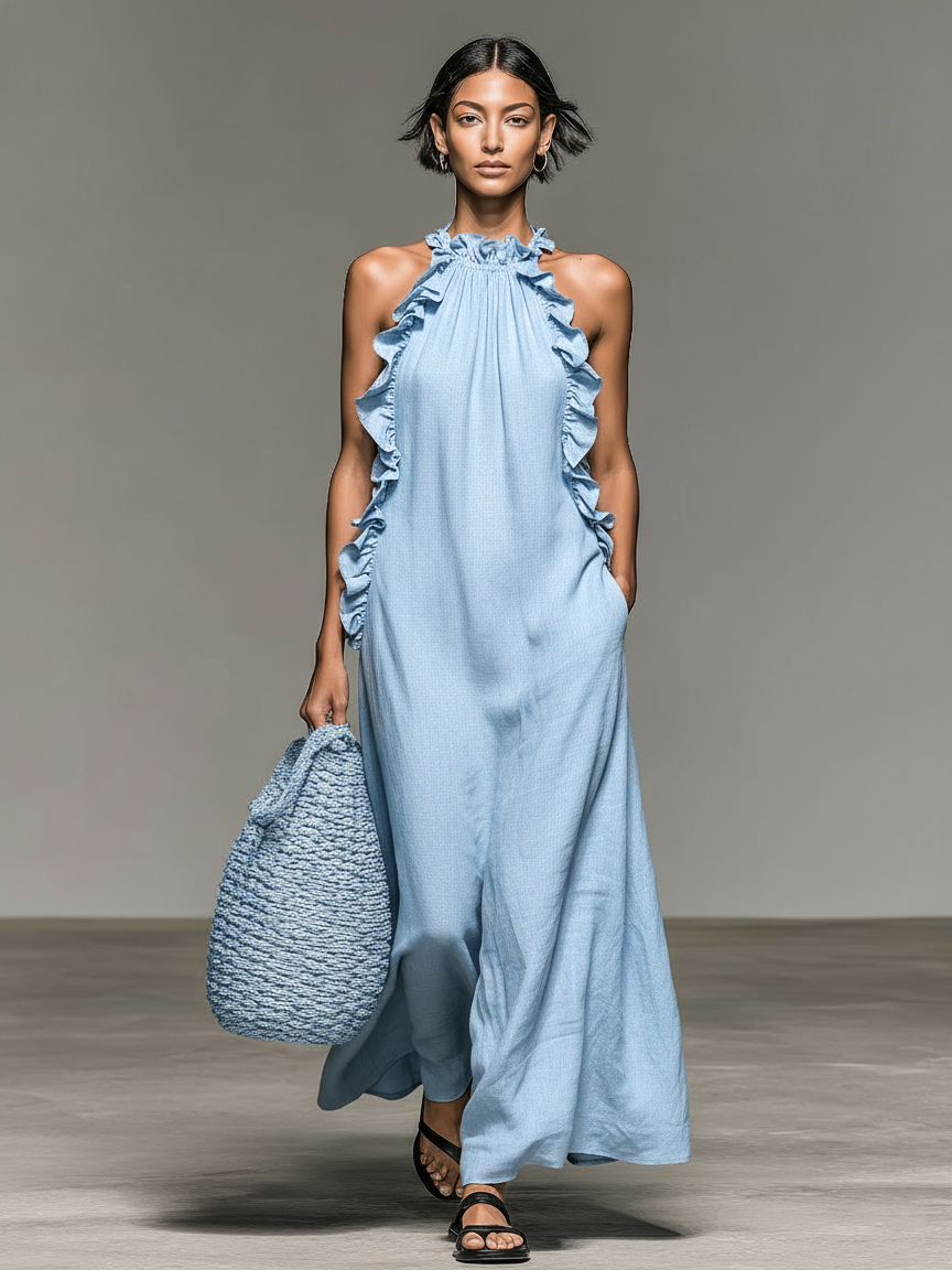 Mira Linen Ruffle Maxi Dress