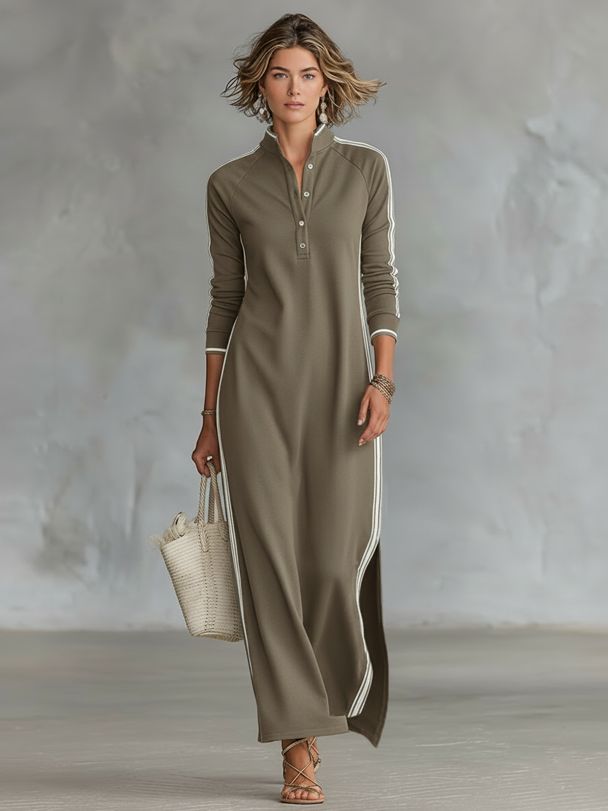 Lena Button-Collar Maxi Dress