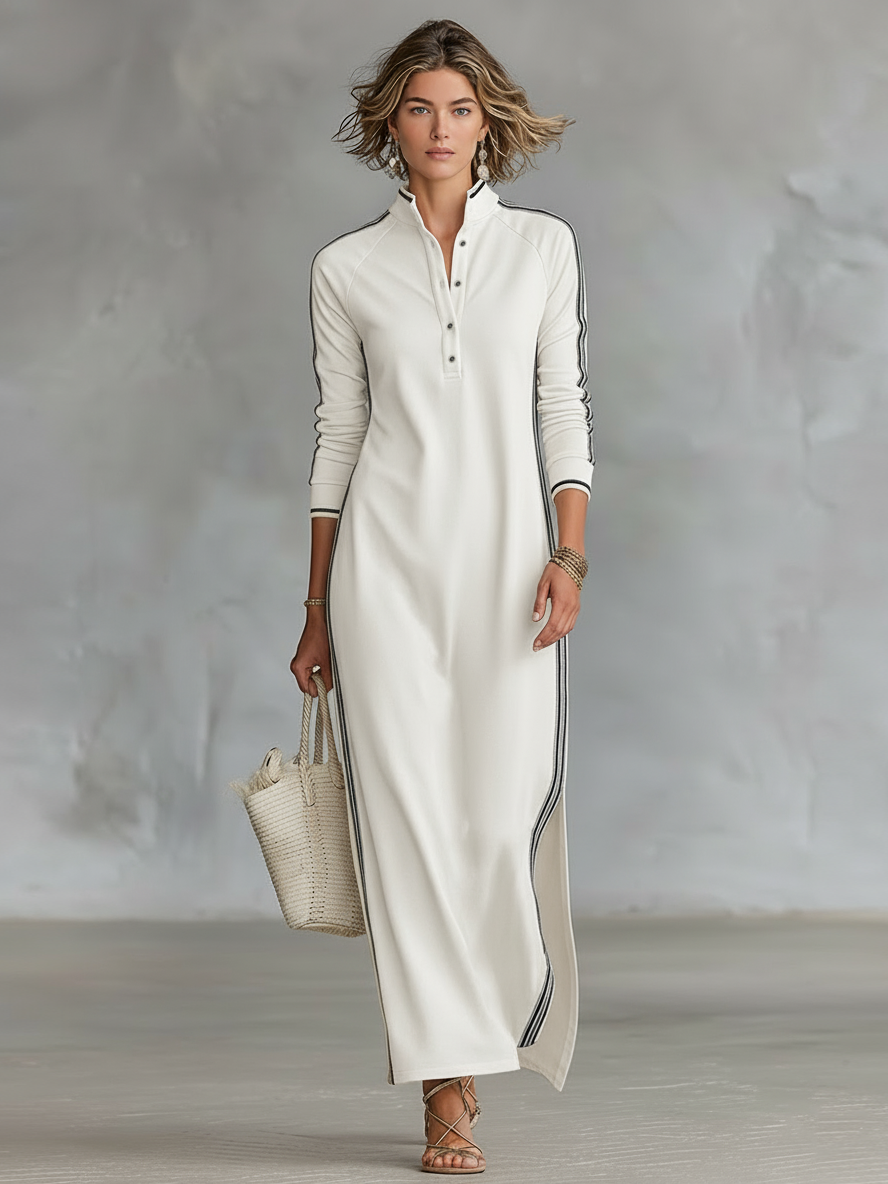 Lena Button-Collar Maxi Dress