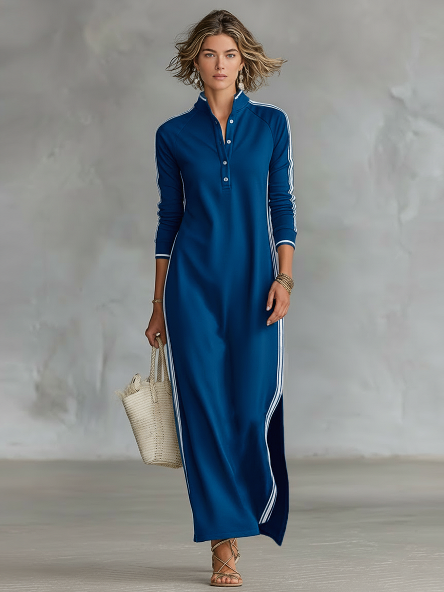 Lena Button-Collar Maxi Dress
