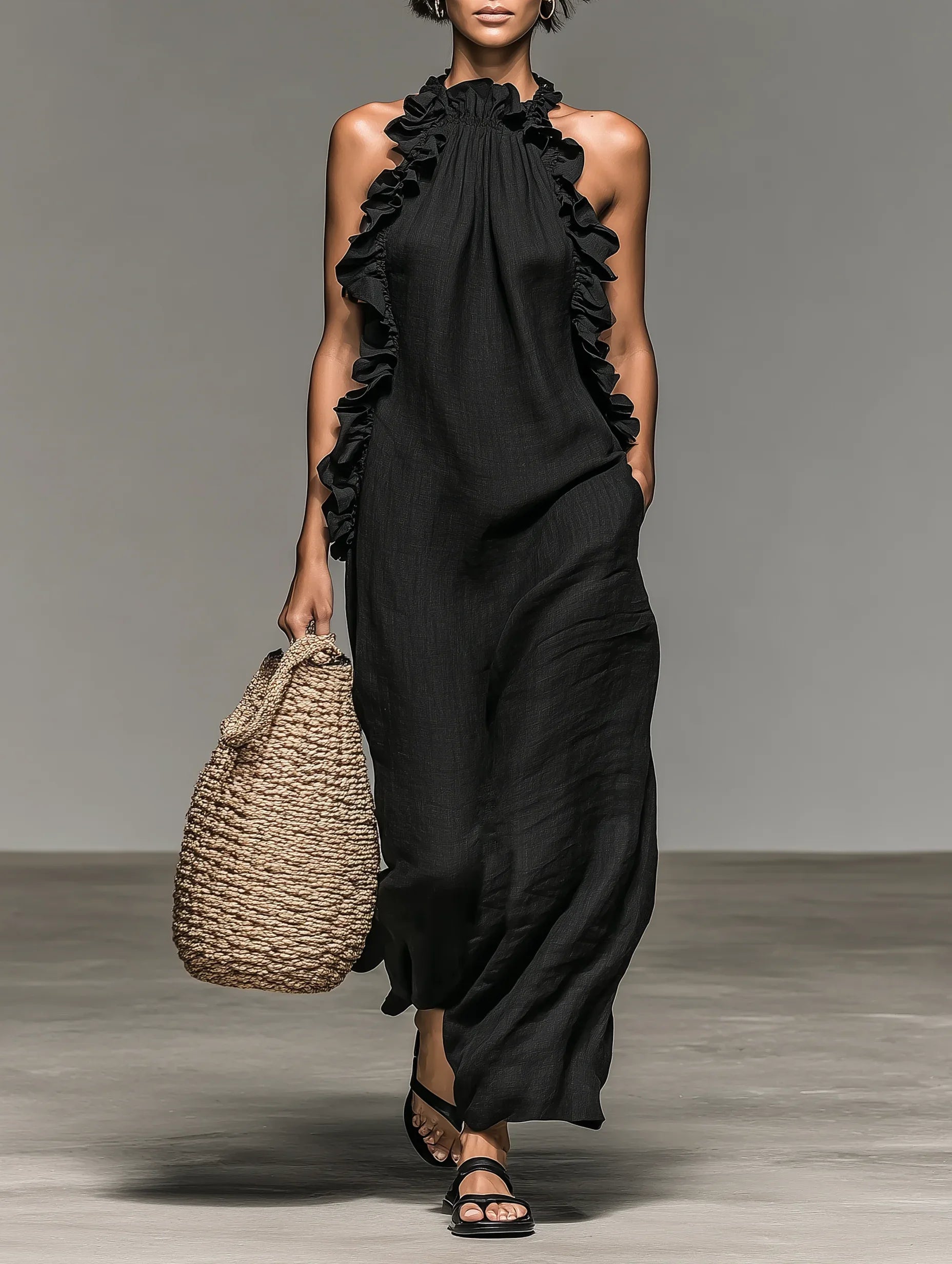 Mira Linen Ruffle Maxi Dress