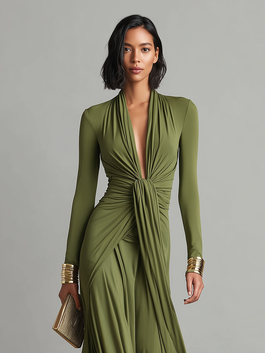 Serena Olive Ruched Satin Maxi Dress