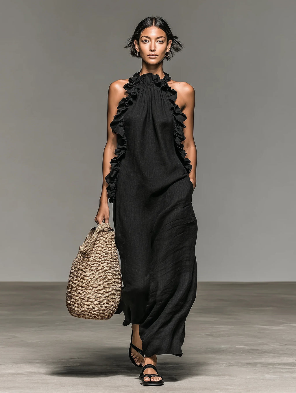 Mira Linen Ruffle Maxi Dress