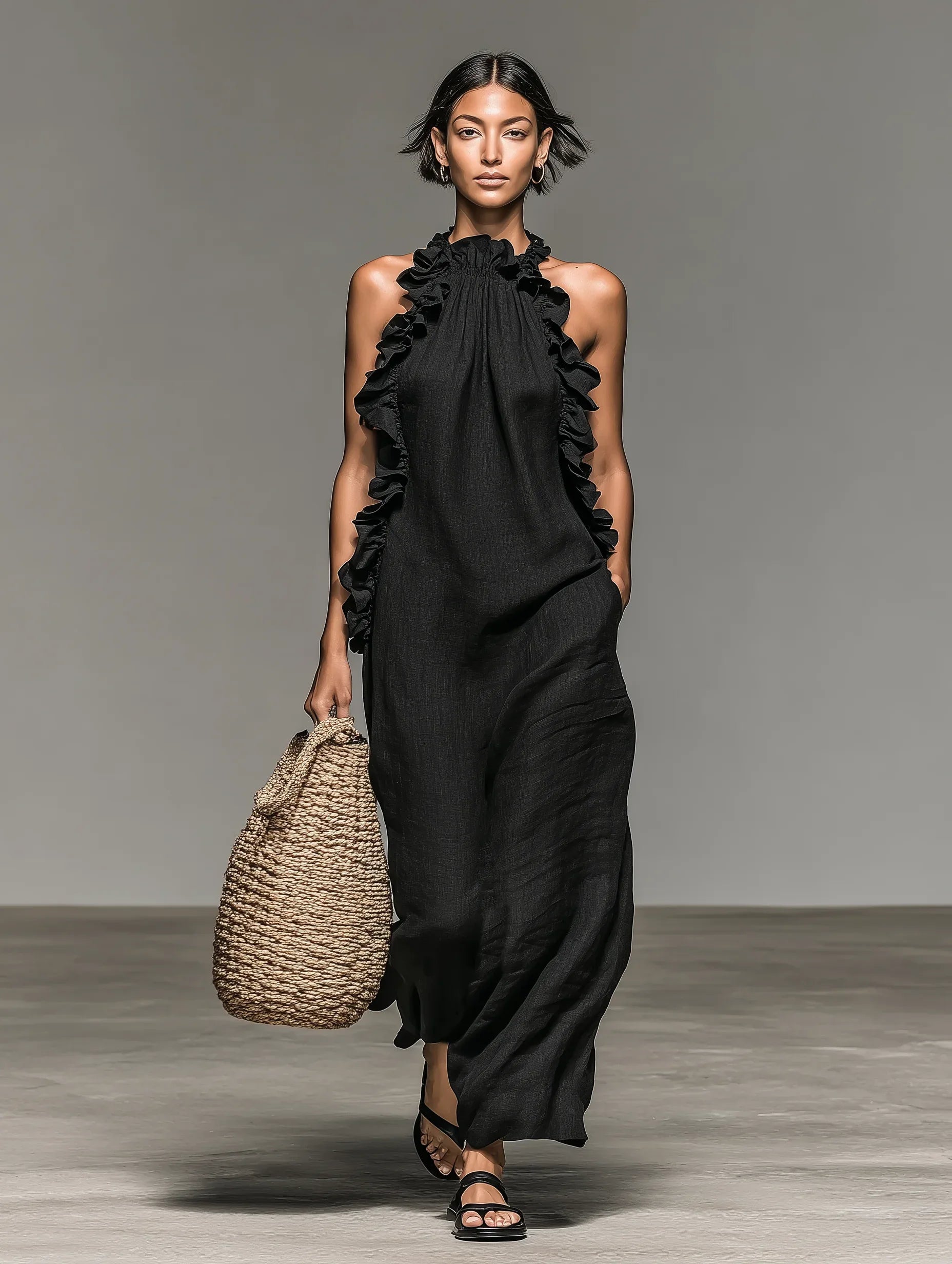 Mira Linen Ruffle Maxi Dress