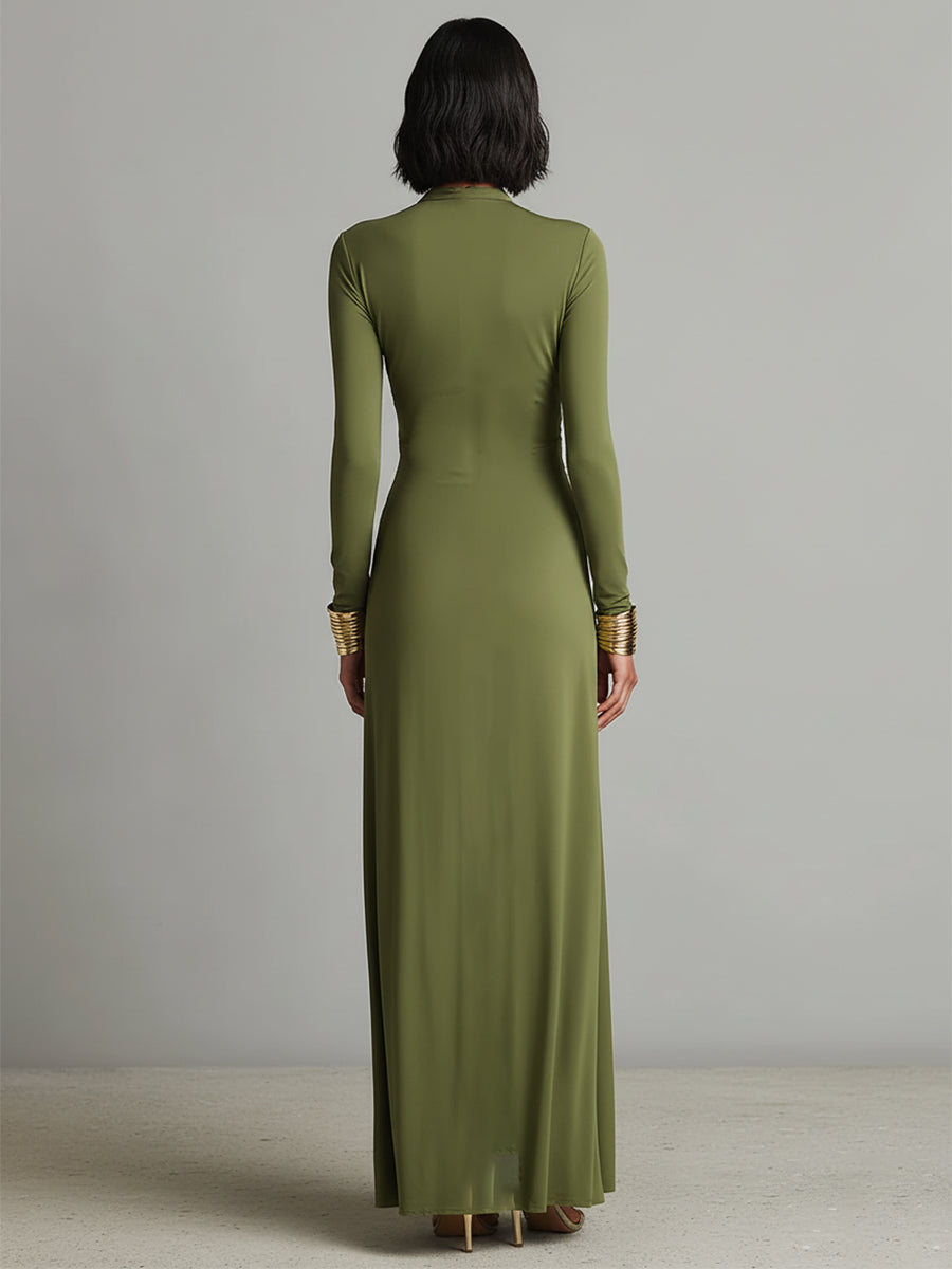 Serena Olive Ruched Satin Maxi Dress