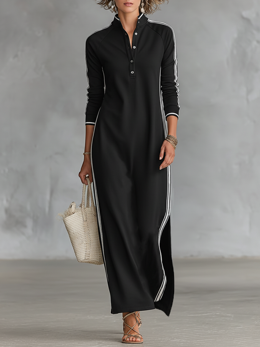 Lena Button-Collar Maxi Dress