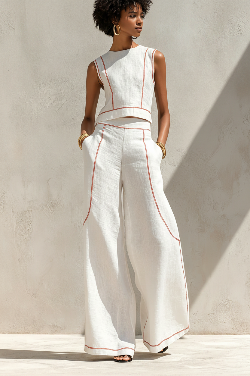 Amélie Contrast-Stitch Linen Blend Set