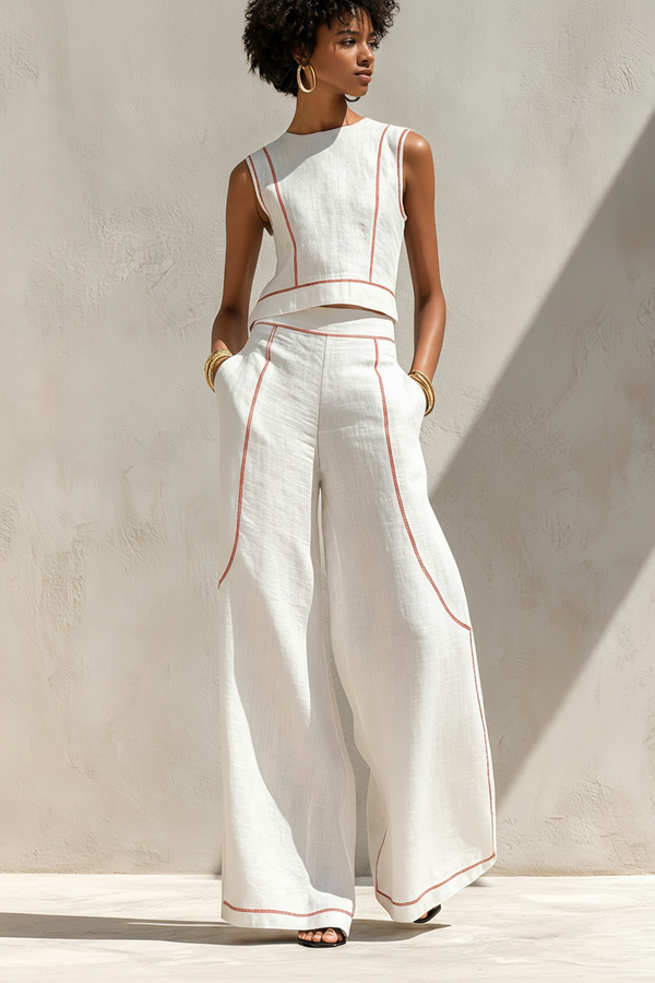 Amélie Contrast-Stitch Linen Blend Set